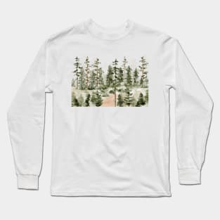 Watercolor Green Pine Forest Long Sleeve T-Shirt